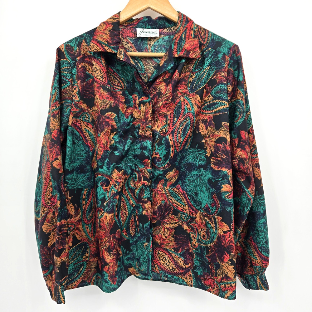 Vtg Joanna Long Sleeve Button Up Vibrant Paisley Floral Maximalist Boho Size 16